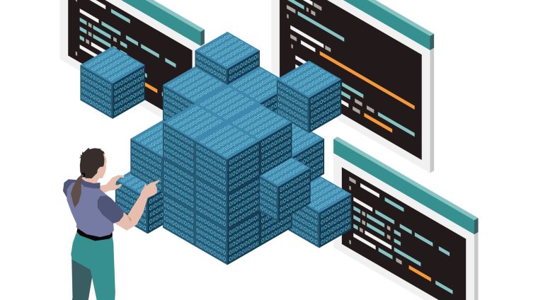 Programming development isometric composition with character of programmer building wall of cubes with code vector illustration
