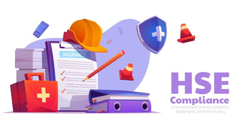 HSE compliance cartoon banner template. Vector illustration of insurance document checklist, medical kit, folders with papers, safety helmet and traffic cone. Symbols of health and labor protection