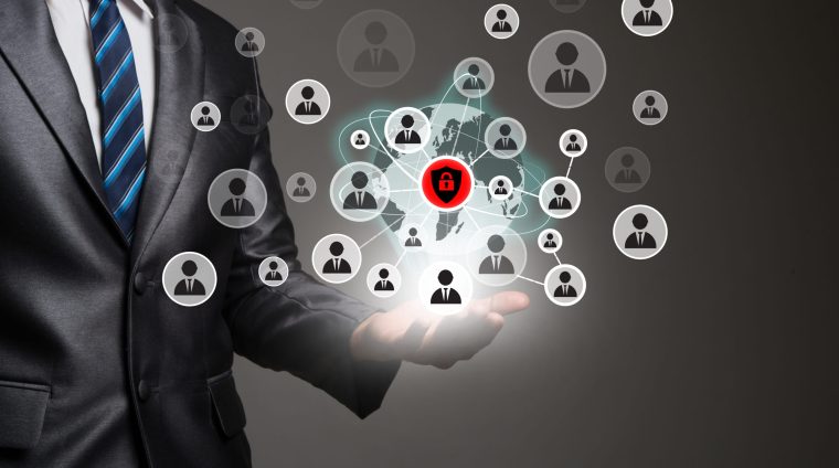 Businessman hand with people icons network connection. Business communication concept.