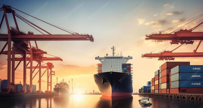 container-cargo-ship-and-cargo-plane-working-crane-bridge-in-shipyard-logistic-import-export-and-transport-industry-background-generative-ai-photo