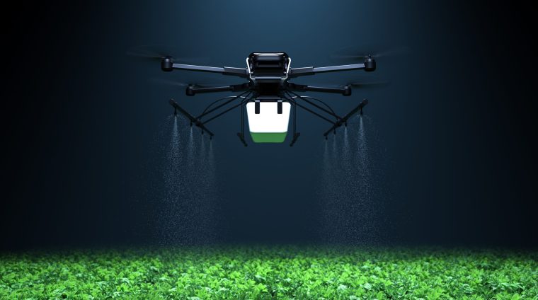 Drone spraying fertilizer on vegetable green plants, Agriculture technology, Farm automation. 3D illustration