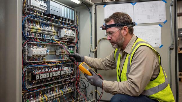 technician-works-on-electrical-panel-in-industrial-facility-during-daylight-hours-photo
